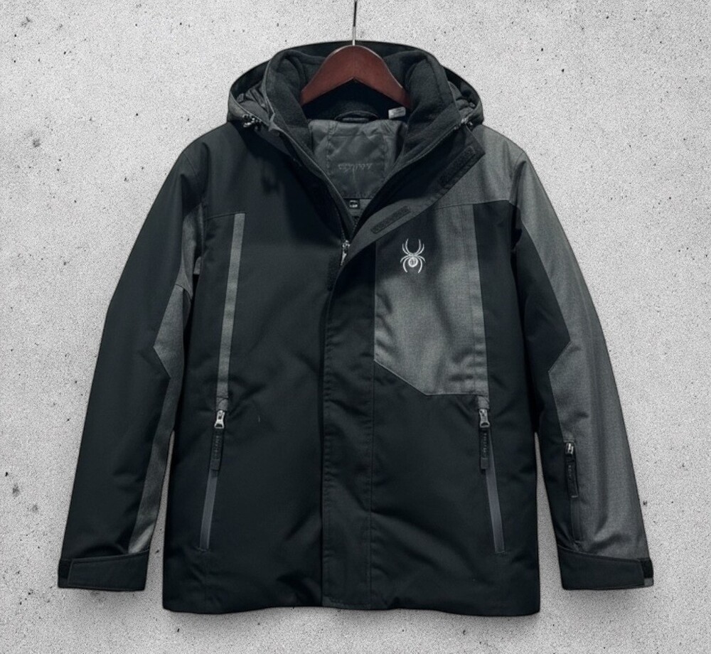 Spyder Youth Hooded Ski Snowboard Jacket Size S 7/8 Black Gray Winter Coat